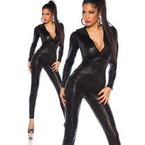 Wetlook jumpsuit krokodillenprint zwart