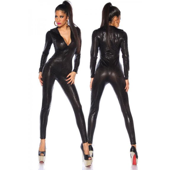 Wetlook jumpsuit krokodillenprint zwart