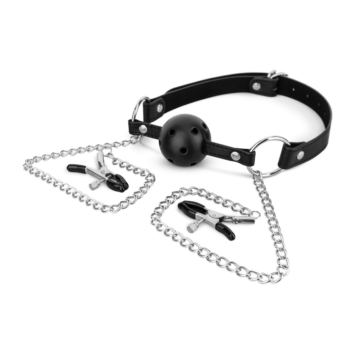 Bedroom Fantasies - Ball Gag met Tepelklemmen - Zwart - afbeelding 4