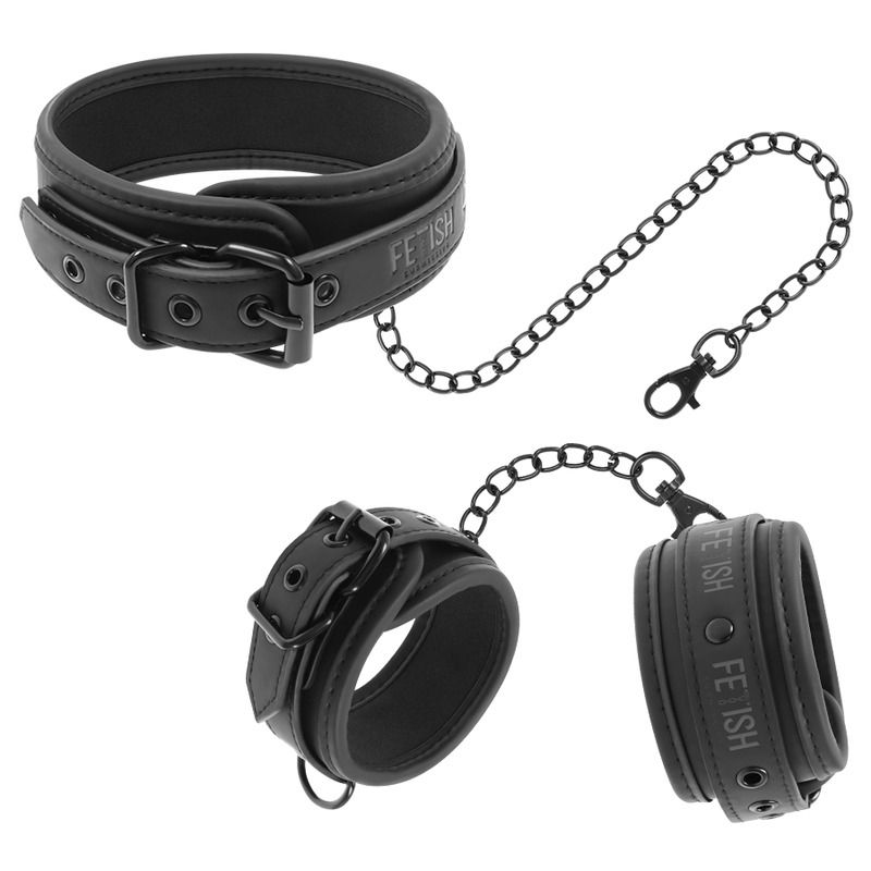 Fetish Submissive - Vegan Lederen Halsband En Handboeien Met Nopreen Voering