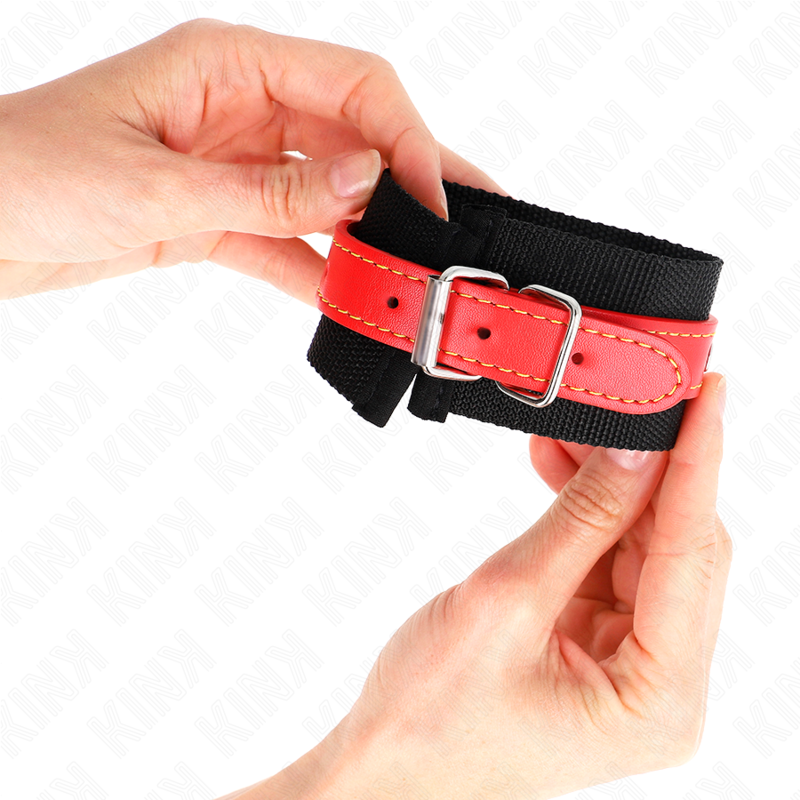 Kink - Zwarte Nylon Polsbandjes Met Verstelbare Rode Lederen Band 19-24 cm X 5,5 cm - afbeelding 4