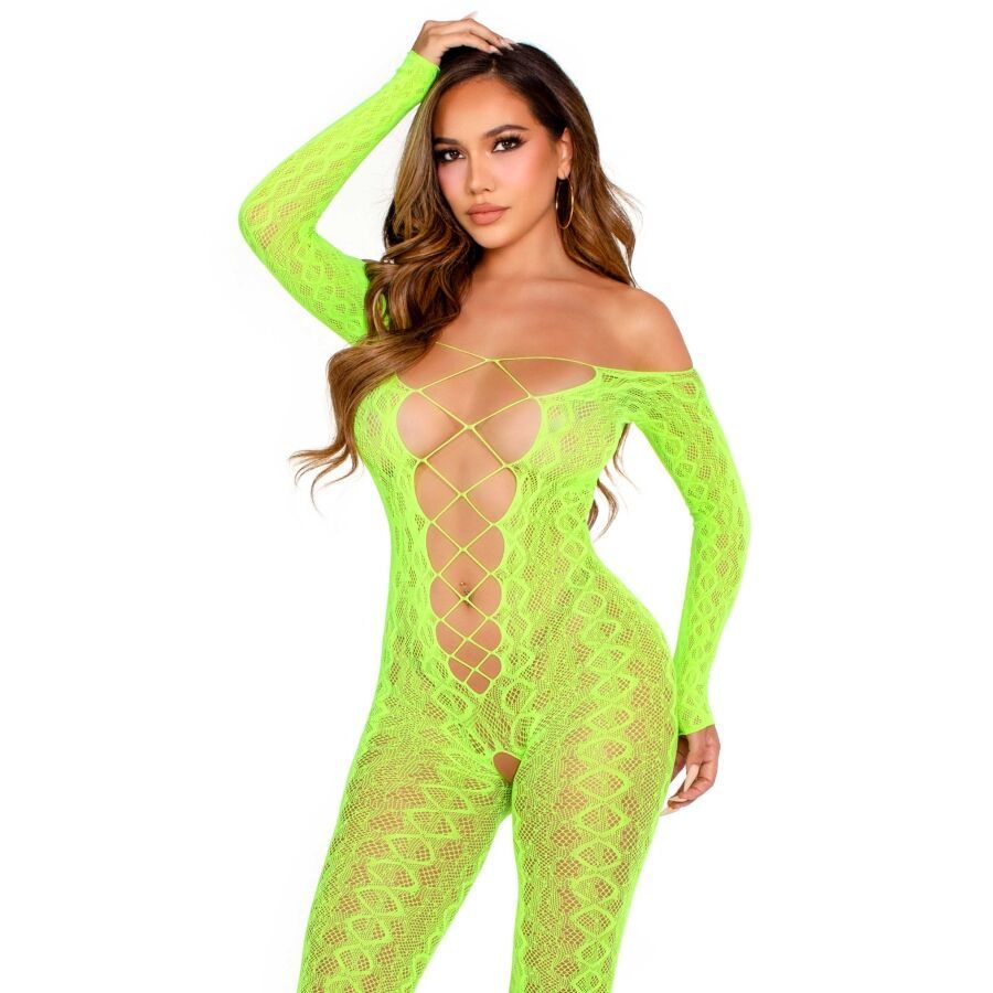 Leg Avenue - Bodystocking Zonder Kruis Exotische Slangenkant Neongroen